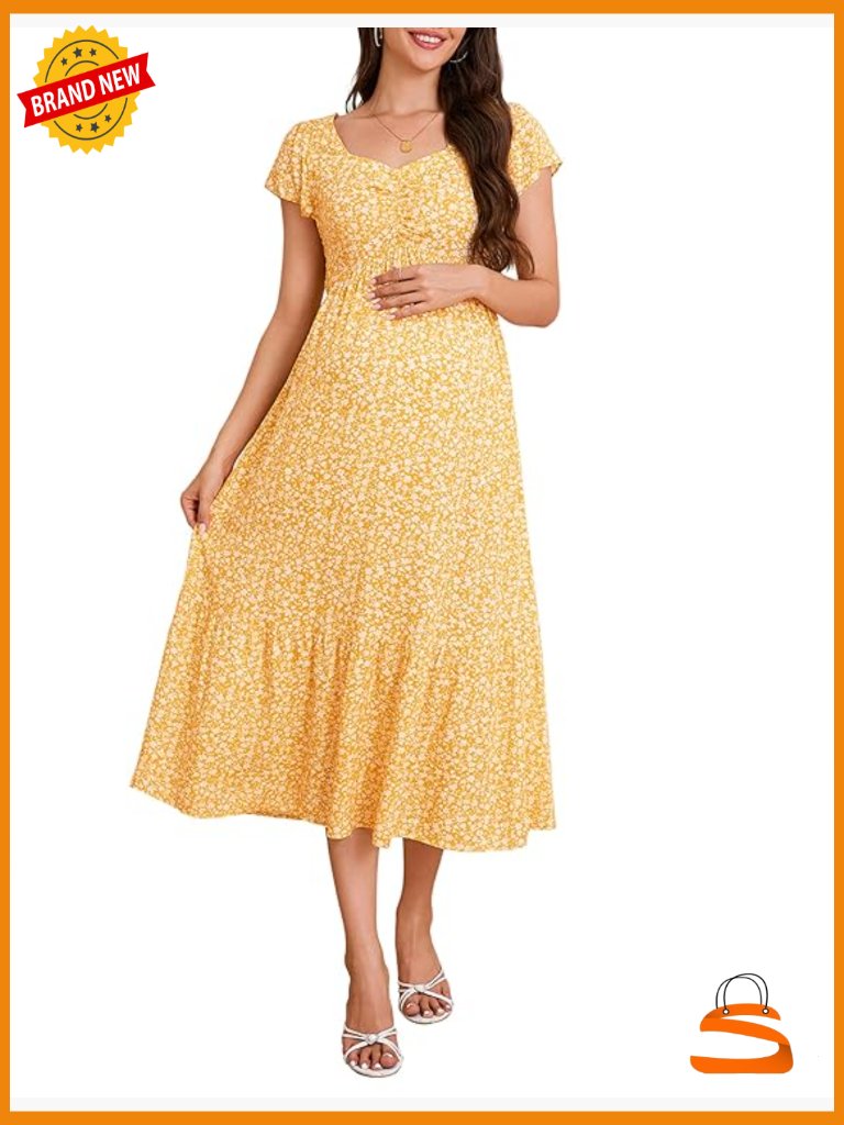Maternity Dress Short Sleeve Sweetheart Midi Floral Summer Photoshoot